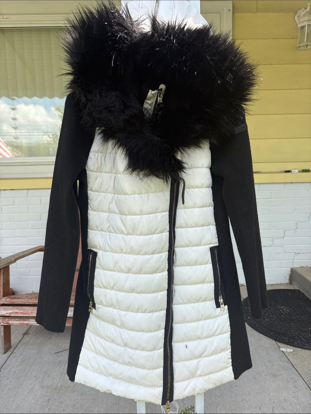 Calvin Klein Performance Black & White Quilted Puffer Coat with Faux Fur Trim